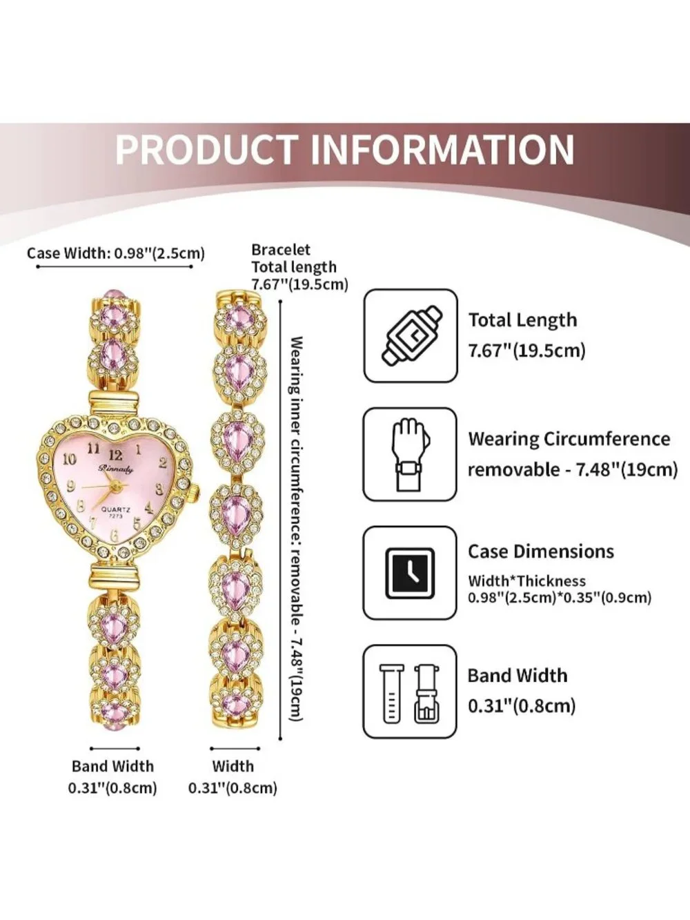 Women's Pink Heart Dial Bracelet Set Birthstone Crystal Quartz Display Watches